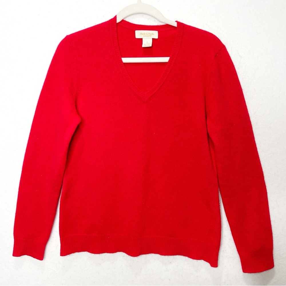 Peck & Peck 100% Cashmere Red V-Neck Ling Sleeve Sweater Valentines Day Cozy